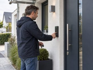 Zutrittskontrolle mit Fingerprint und RFID an einer modernen Haustür