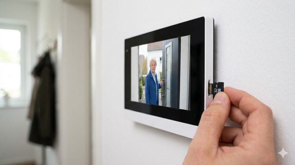 microSD-Karte wird in den Innenmonitor einer Video-Türsprechanlage eingesetzt
