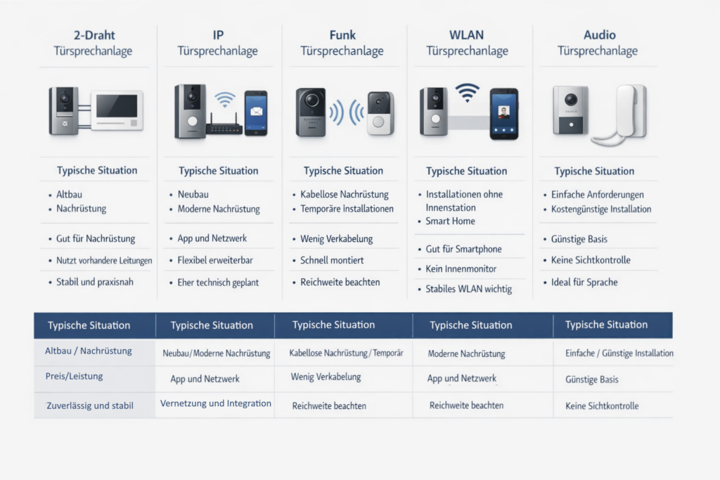 Vergleich von 2-Draht, IP, Funk und WLAN Türsprechanlagen