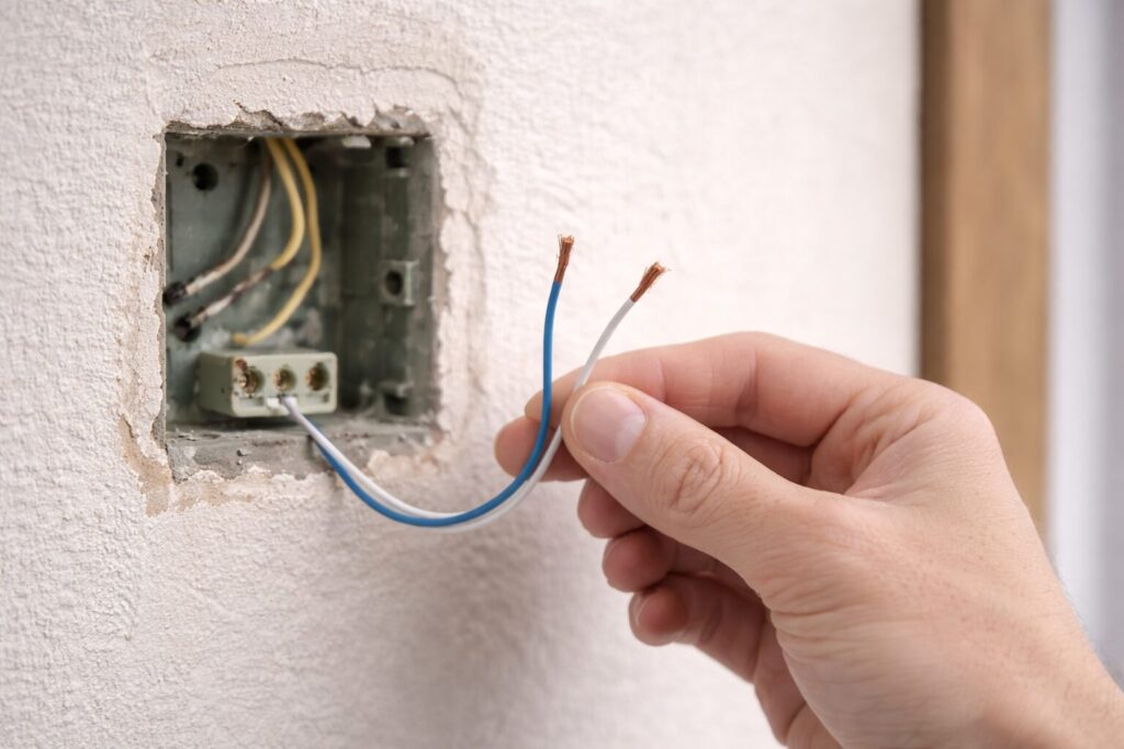 Freiliegende Klingeldrähte in einer Wanddose eines Altbaus zur Prüfung für eine 2-Draht Türsprechanlage