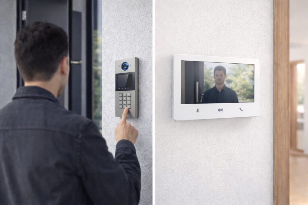 Video-Türsprechanlage mit Besucher vor der Haustür und Innenmonitor mit Live-Kamerabild