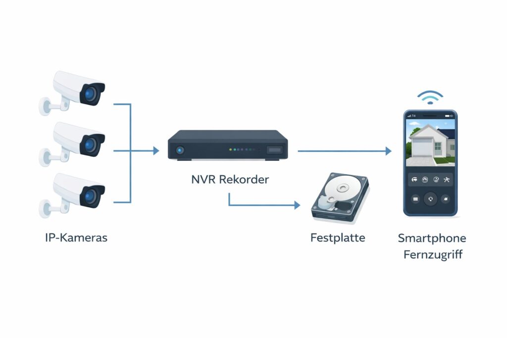 Schema eines NVR Systems mit mehreren Kameras und zentraler Speicherung