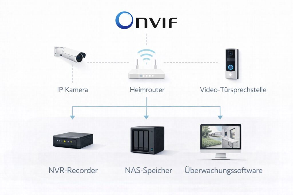 ONVIF Netzwerkdiagramm mit Kamera, Router, NVR und NAS