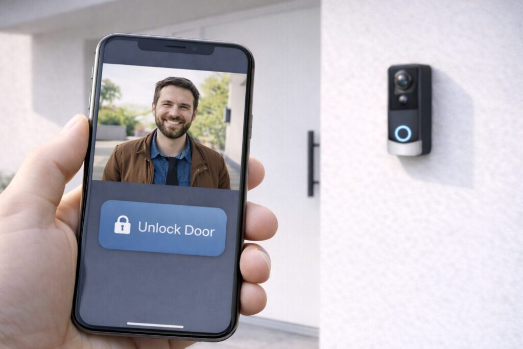 Besucher im Livebild einer Video-Türsprechanlage auf dem Smartphone mit Türöffner-Button