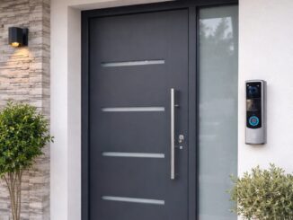 Türkamera und Überwachungskamera am Hauseingang eines Einfamilienhauses