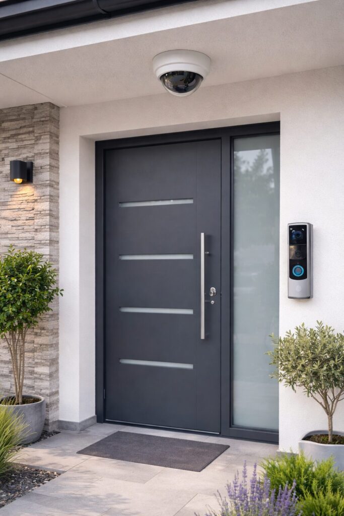 Türkamera und Überwachungskamera am Hauseingang eines Einfamilienhauses