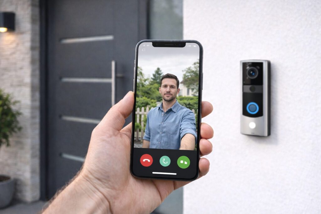Smartphone zeigt Livebild einer Türklingel mit Kamera