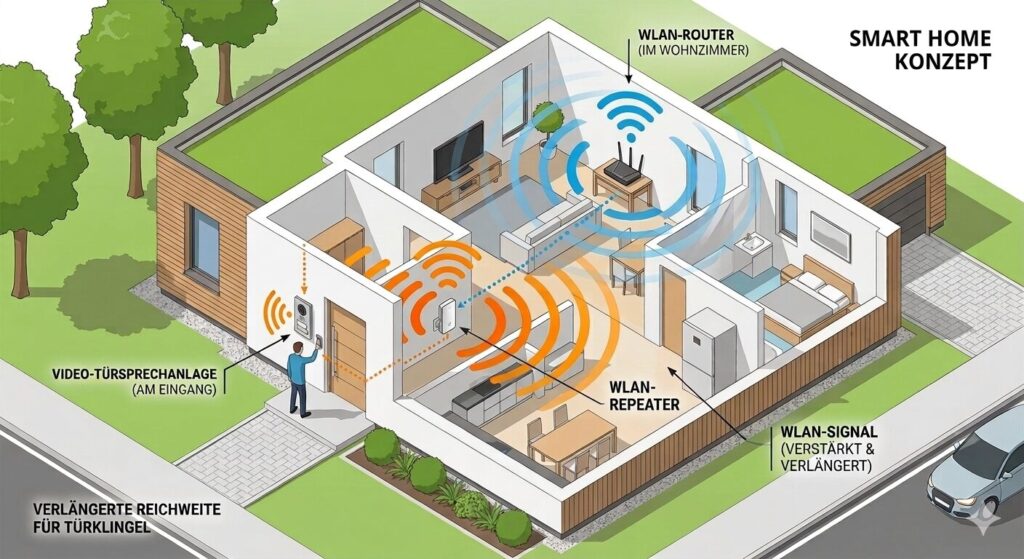 Infografik zeigt WLAN-Repeater zwischen Router und Video-Türsprechanlage zur Verbesserung der WLAN-Reichweite