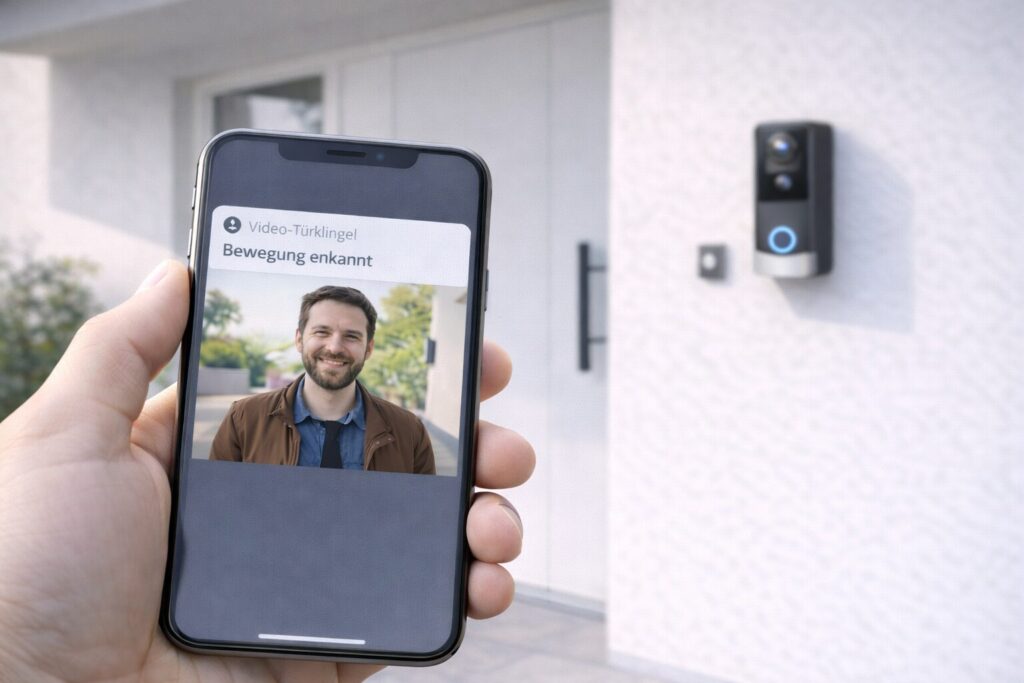 Smartphone zeigt Bewegungsbenachrichtigung einer Video-Türsprechanlage mit Besucher vor der Haustür