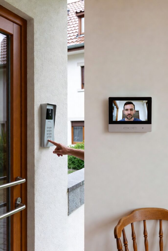 Video-Türsprechanlage mit Kamera und Innenstation im Haus