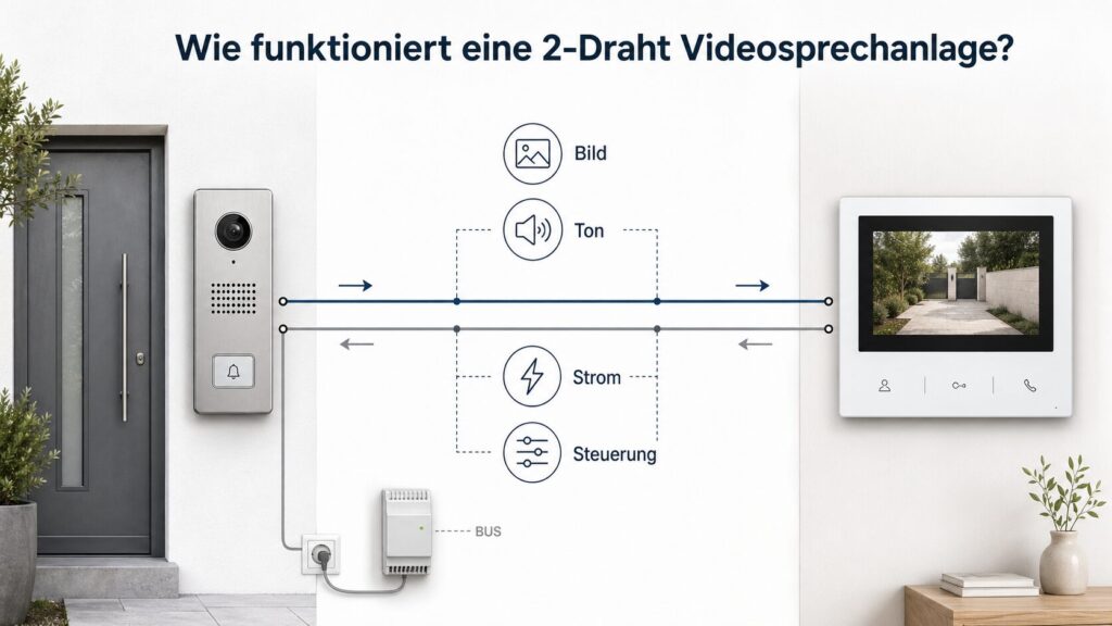 Infografik zur Funktionsweise einer 2-Draht Videosprechanlage