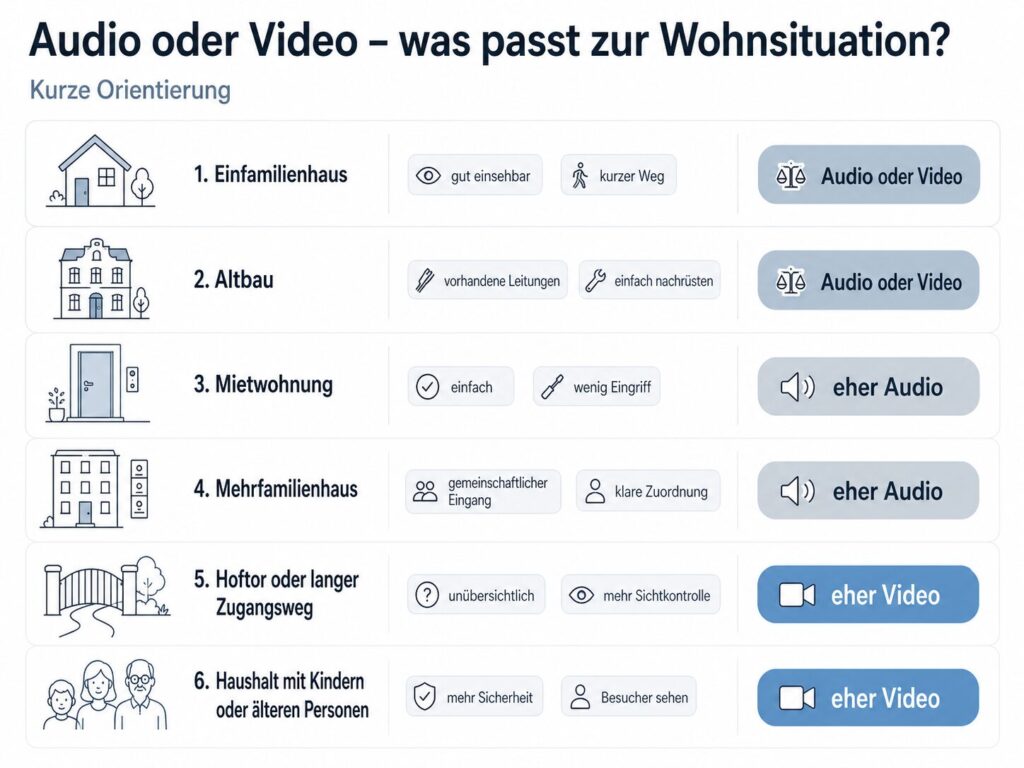 Audio Türsprechanlage oder Video Türsprechanlage: Wann reicht Ton, wann ist Kamera sinnvoll? 4 Infografik zu Audio oder Video Türsprechanlage nach Wohnsituation