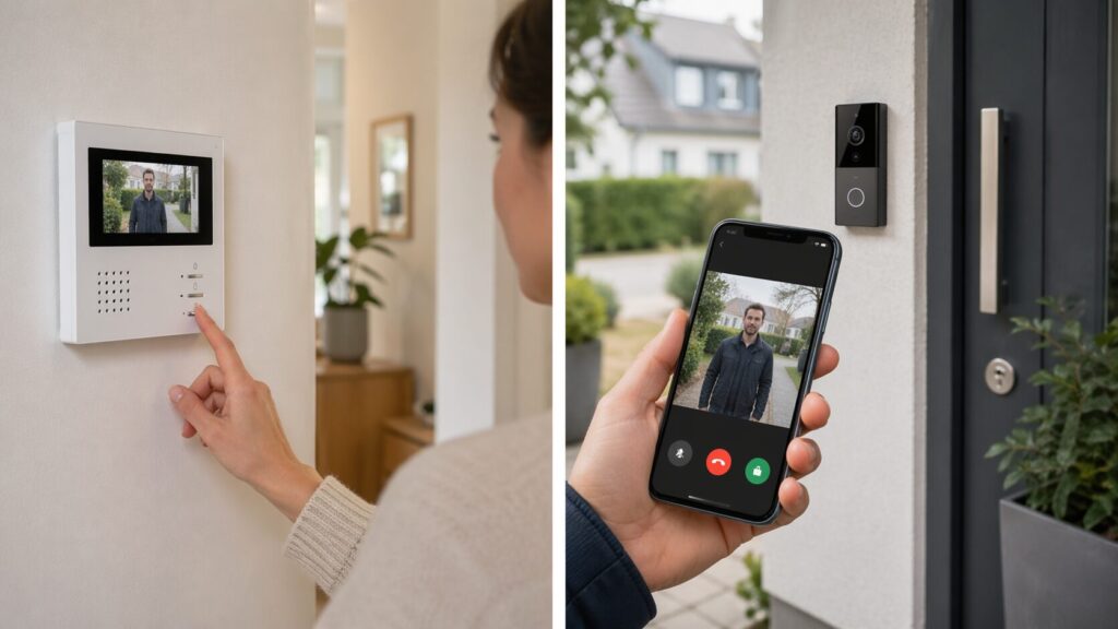 Innenstation einer Funk Sprechanlage im Vergleich zur Smartphone-Steuerung einer WLAN Türklingel
