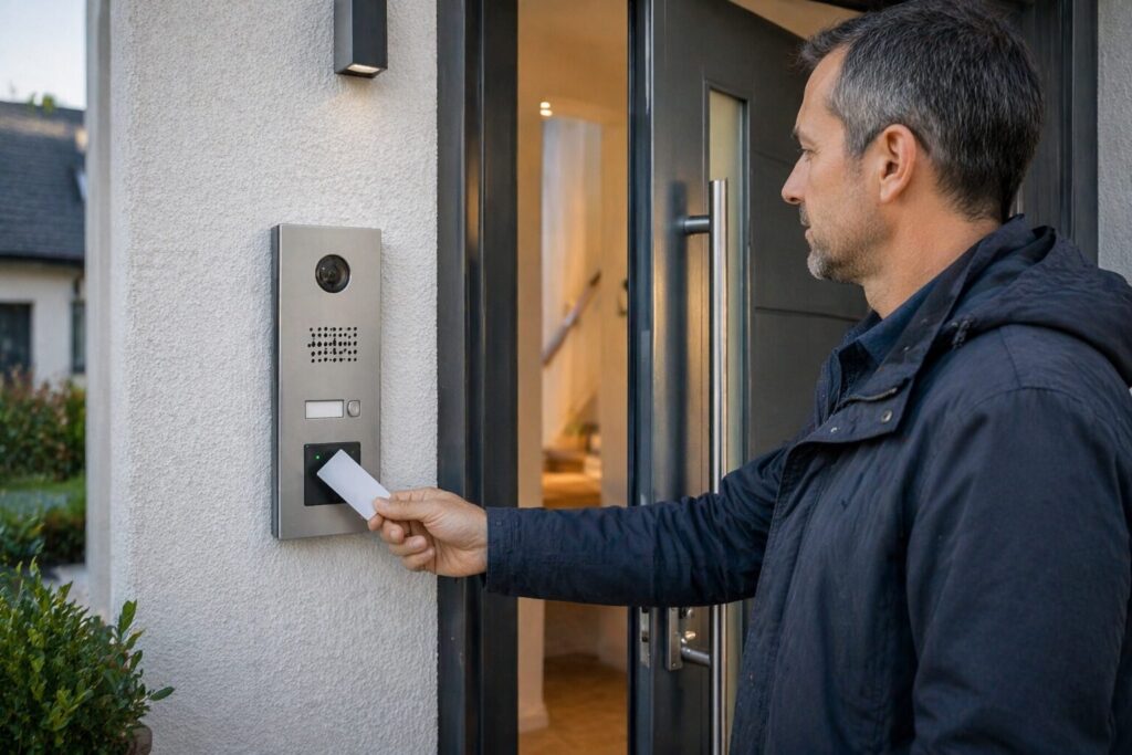 Türsprechanlagen mit Türöffner können auch per Code, RFID oder Biometrie bedient werden.