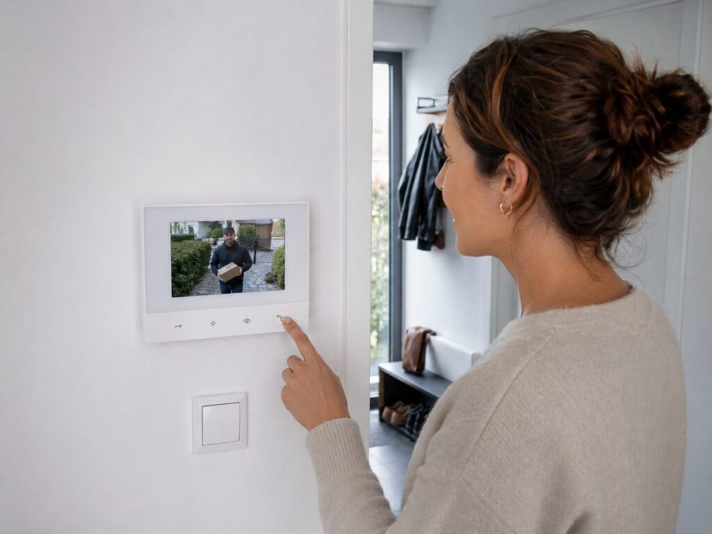 Audio Türsprechanlage oder Video Türsprechanlage: Wann reicht Ton, wann ist Kamera sinnvoll? 3 Video Türsprechanlage mit Monitor zeigt Besucher vor der Haustür