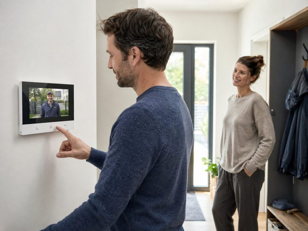 Video Türsprechanlage mit Monitor oder App – was passt besser? 3 Innenstation einer Video Türsprechanlage mit Monitor im Einsatz in einem Einfamilienhaus