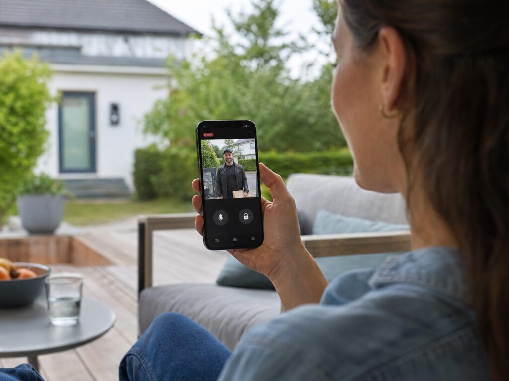 Video Türsprechanlage mit Monitor oder App – was passt besser? 5 Smartphone mit App einer Video Türsprechanlage und Livebild eines Besuchers an der Haustür