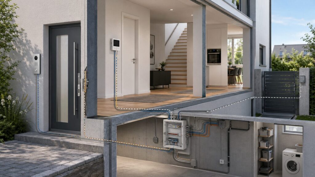 Kabel und Anschlüsse für Türsprechanlage im Neubau mit Innenstation, Türöffner und Gartentor