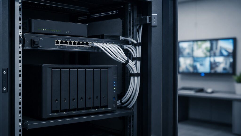 Netzwerkaufbau mit IP Kameras, Switch und NAS für lokale Videoüberwachung