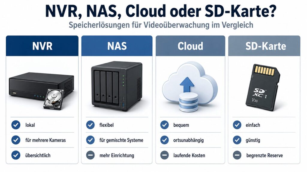Vergleich von NVR, NAS, Cloud und SD-Karte als Speicherlösungen für Videoüberwachung