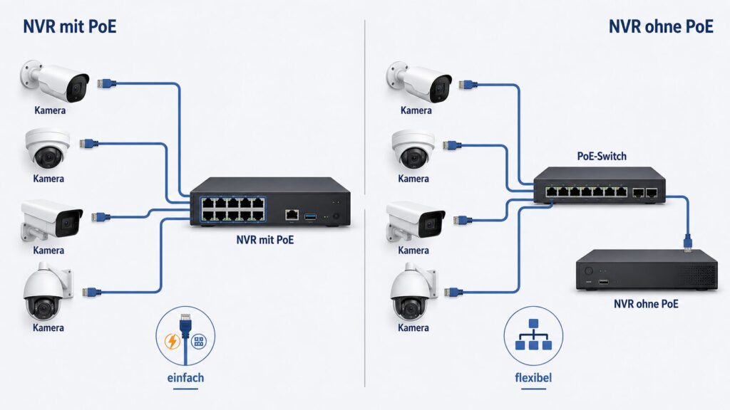Vergleich zwischen NVR mit integrierten PoE-Ports und NVR ohne PoE mit separatem Switch