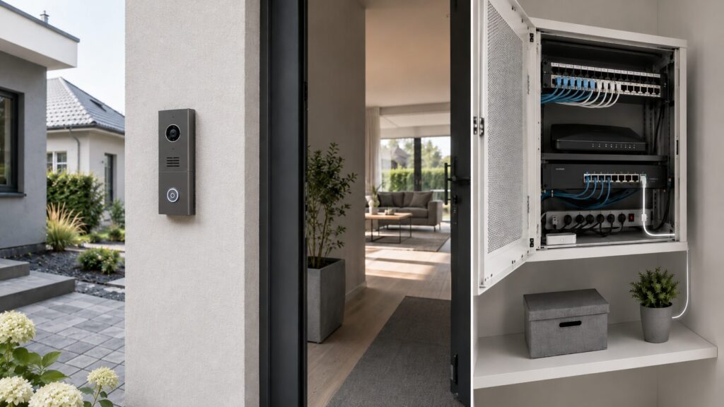 PoE Türsprechanlage im Neubau mit Netzwerkkabel, Switch und Technikraum