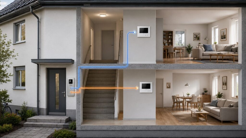 Getrennte Rufwege einer Türsprechanlage im Zweifamilienhaus mit zwei Innenstationen