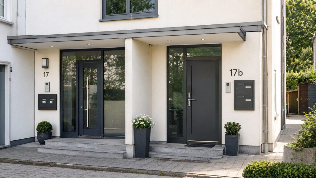 Zwei getrennte Eingänge mit eigenen Türstationen an einem Zweifamilienhaus