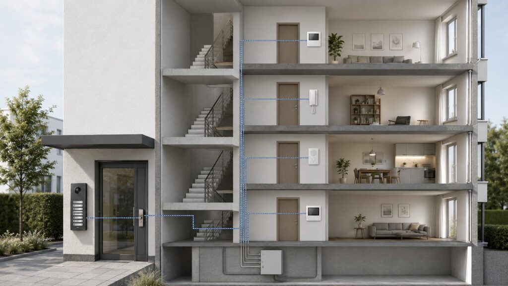 Türsprechanlage Mehrfamilienhaus: Klingelanlage richtig planen, erneuern und nachrüsten 2 Aufbau einer Klingelanlage im Mehrfamilienhaus mit Außenstation Innenstationen und Türöffner