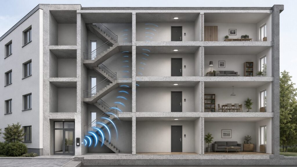 Türsprechanlage Mehrfamilienhaus: Klingelanlage richtig planen, erneuern und nachrüsten 11 WLAN Türklingel und Funk Türsprechanlage im Mehrfamilienhaus problematisch