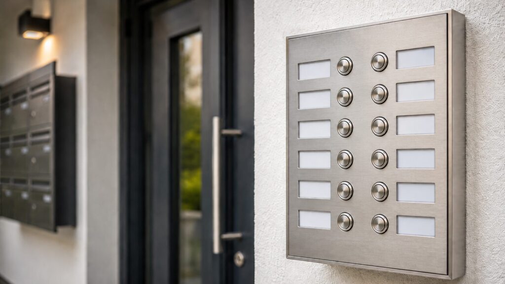 Türsprechanlage Mehrfamilienhaus: Klingelanlage richtig planen, erneuern und nachrüsten 12 Klingeltableau mit Namensschildern im Mehrfamilienhaus