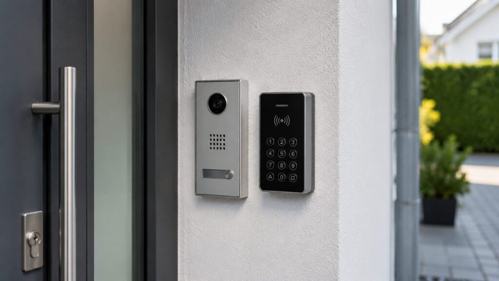 Separates Zutrittsmodul mit RFID und Zahlencode neben einer bestehenden Türsprechanlage
