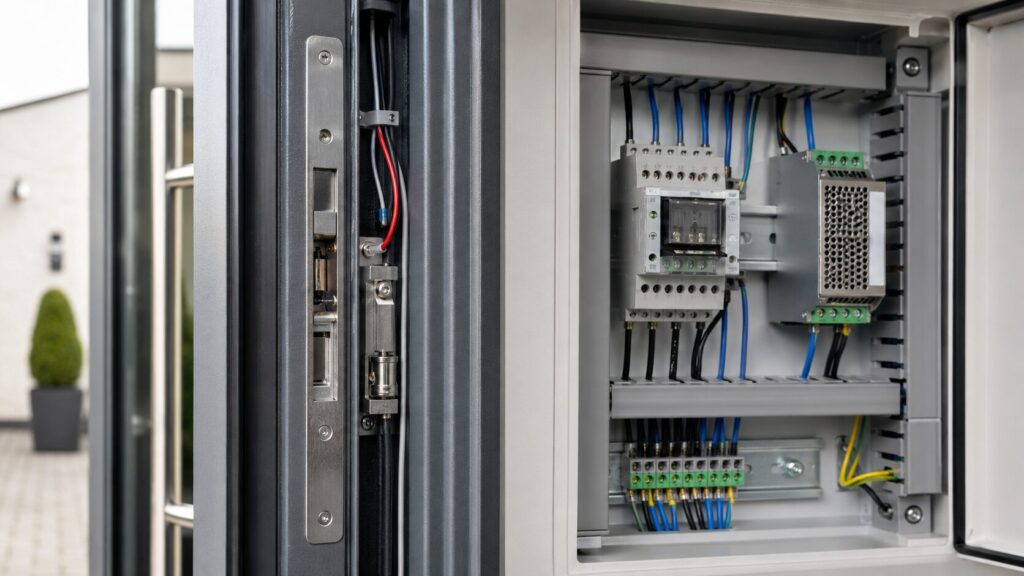 Elektrischer Türöffner, Schloss, Relais und Hutschienennetzteil einer Türsprechanlage mit Zutrittskontrolle