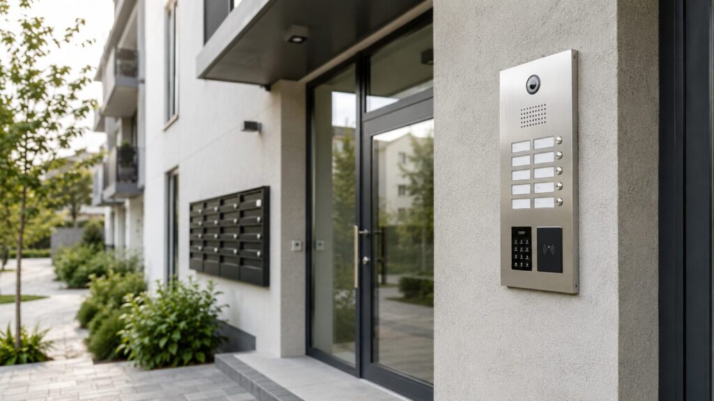 Türsprechanlage mit Zutrittskontrolle an einem Mehrfamilienhaus oder Wohngebäude