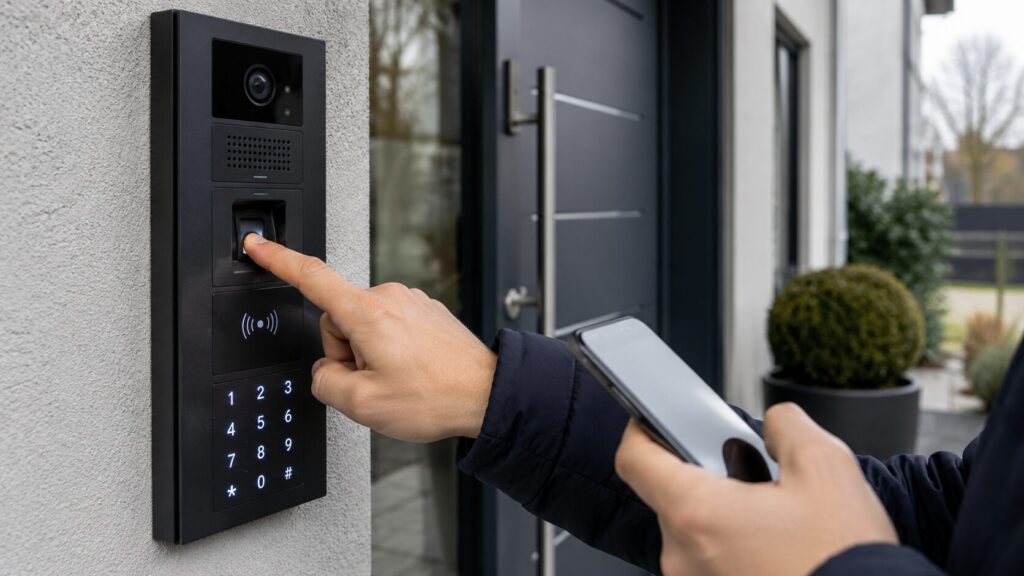 Verschiedene Zutrittsarten an einer Türsprechanlage mit Fingerprint, RFID und Zahlencode