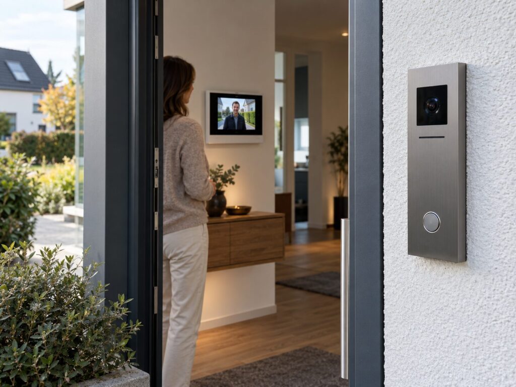 Busch-Jaeger Türsprechanlage: Busch-Welcome, IP, 2-Draht & Nachrüstung 1 Busch-Jaeger Türsprechanlage mit Innenstation und Außenstation in modernem Wohnhaus