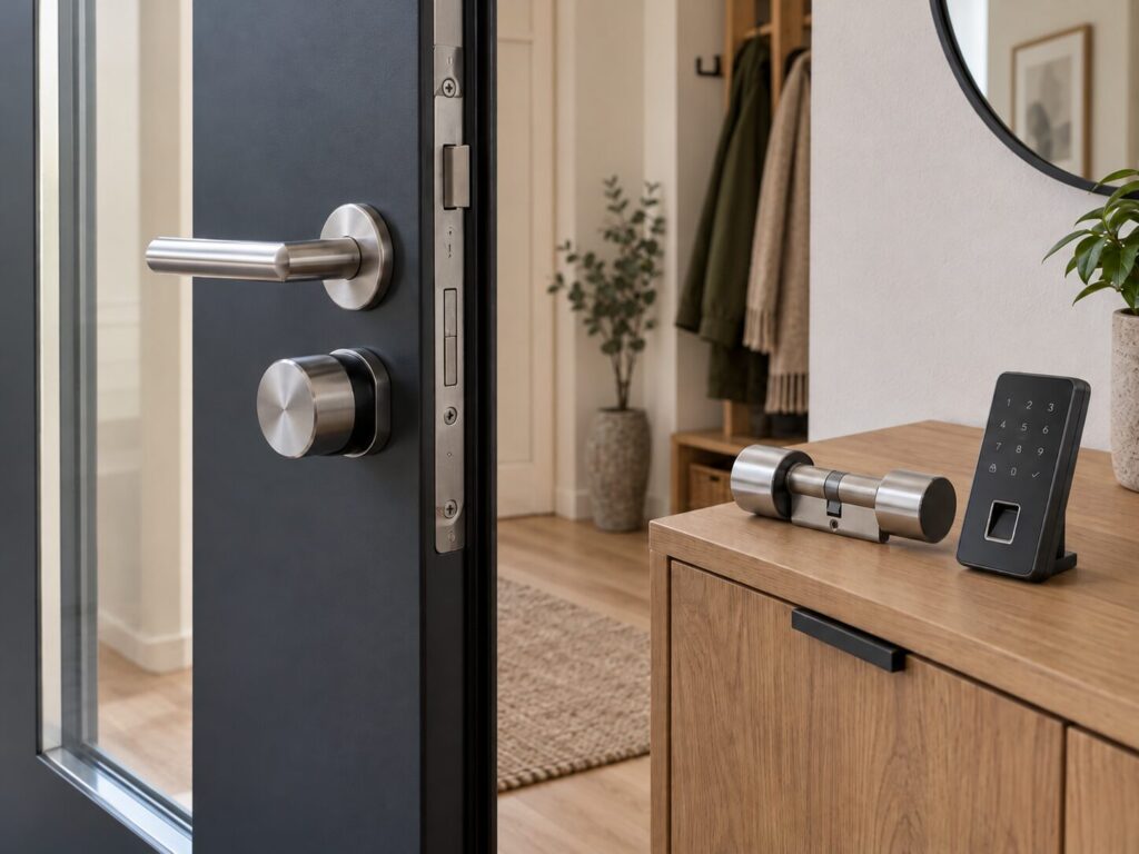 Elektronisches Türschloss mit Retrofit-Smart-Lock, elektronischem Schließzylinder und Keypad an einer Haustür