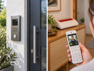 FRITZ!Box als Türsprechanlage: Video-Türstation neben der Haustür und FRITZ!Fon mit Kamerabild eines Besuchers vor dem Router.