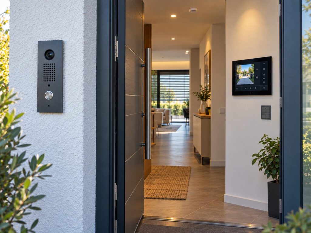 KNX Türsprechanlage – Systeme, Komponenten, Integration & Kompatibilität 1 KNX Türsprechanlage mit Touchpanel, Lichtsteuerung und automatischer Beschattung im Einfamilienhaus