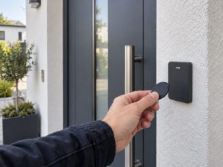 RFID Zutrittskontrolle mit RFID-Leser und Transponder an einer Haustür