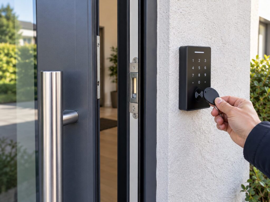 RFID Zutrittskontrolle mit Türöffner an moderner Haustür