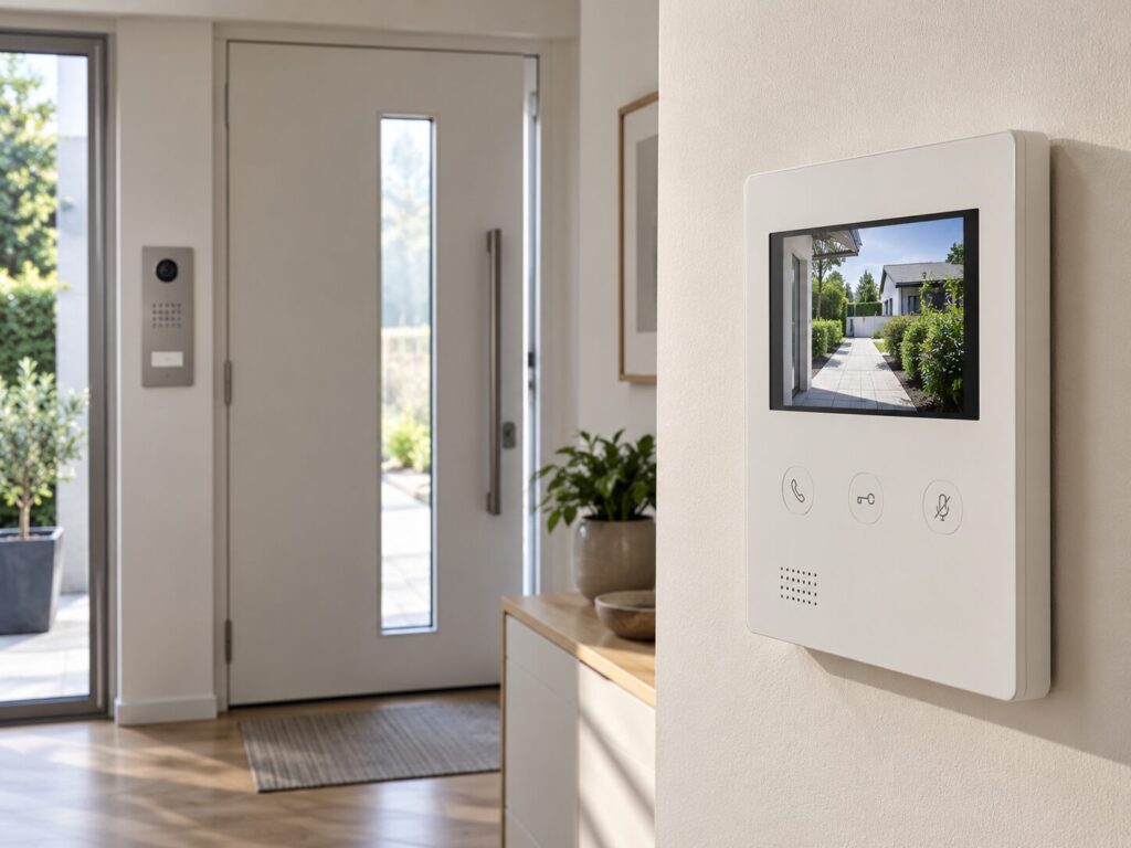 SKS Sprechanlage – Systeme, Modelle, Ersatzteile & Nachrüstung 1 Moderne Türsprechanlage mit Video-Innenstation in einem Hauseingang
