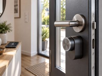 Smart Lock Sicherheit an einer modernen Haustür mit elektronischem Türschloss