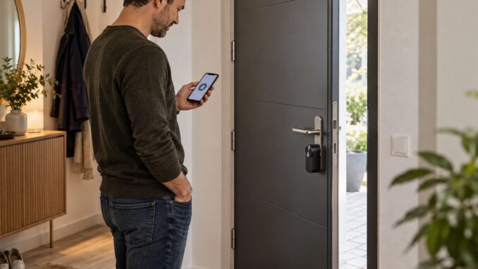 Smart Lock an der Innenseite einer modernen Haustür im Eingangsbereich