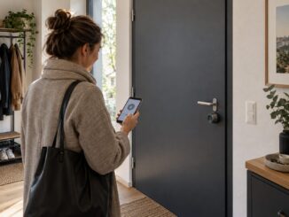 Smart Lock an einer Haustür mit elektronischem Schlossantrieb auf der Innenseite