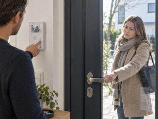 Besucher zieht außen an der Haustür, während innen der Türöffner per Knopfdruck betätigt wird und die Tür geschlossen bleibt