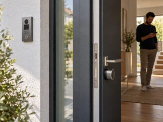 Türsprechanlage mit Smart Lock an einer modernen Haustür