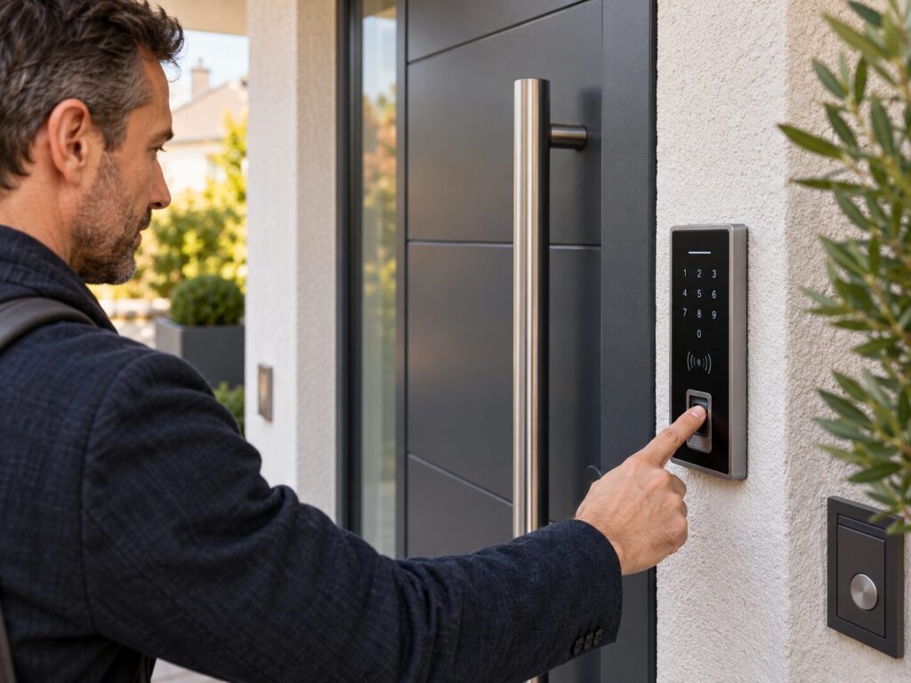 Zutrittskontrollsystem Vergleich 2026: RFID, Fingerprint, PIN und App 1 Zutrittskontrollsystem an einer Haustür mit Fingerprint, RFID und PIN