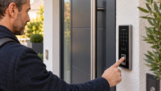 Zutrittskontrollsystem an einer Haustür mit Fingerprint, RFID und PIN
